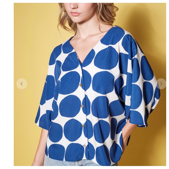 Large Ces Femme Boho V-Neck Blue Dotted Three-Quarters Sleeve Blouse Top - Picture 1 of 4
